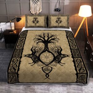 Raven With Yggdrasil Quilt Bed Set, Viking Quilt Bedding Set Throw, Twin, Queen, King Size, Viking Quilt Bedding Set Blanket, Viking Quilt For Bedroom, Gifts for Viking Lover