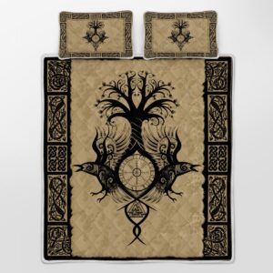 Raven With Yggdrasil Quilt Bed Set, Viking Quilt Bedding Set Throw, Twin, Queen, King Size, Viking Quilt Bedding Set Blanket, Viking Quilt For Bedroom, Gifts for Viking Lover