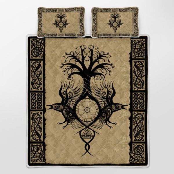 Raven With Yggdrasil Quilt Bed Set, Viking Quilt Bedding Set Throw, Twin, Queen, King Size, Viking Quilt Bedding Set Blanket, Viking Quilt For Bedroom, Gifts for Viking Lover