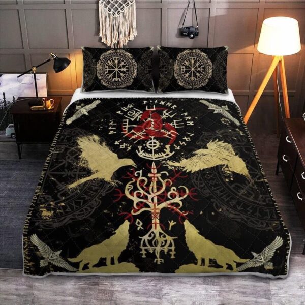 Raven Wolf Viking Quilt Bed Set, Norse Mythology The Sons of Fenrir Valhalla Coverlet for All Season, Viking Quilt Bedding Set Blanket, Viking Quilt For Bedroom, Gifts for Viking Lover