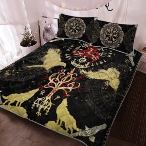 Raven Wolf Viking Quilt Bed Set, Norse Mythology The Sons of Fenrir Valhalla Coverlet for All Season, Viking Quilt Bedding Set Blanket, Viking Quilt For Bedroom, Gifts for Viking Lover