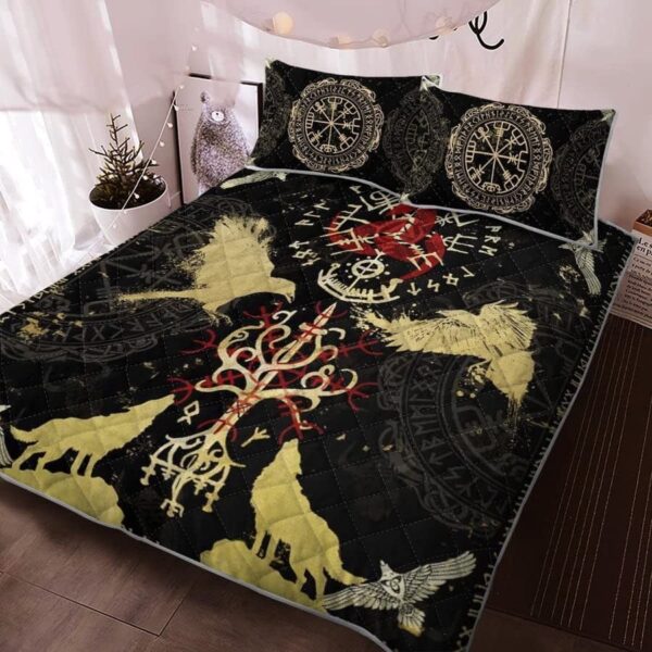 Raven Wolf Viking Quilt Bed Set, Norse Mythology The Sons of Fenrir Valhalla Coverlet for All Season, Viking Quilt Bedding Set Blanket, Viking Quilt For Bedroom, Gifts for Viking Lover