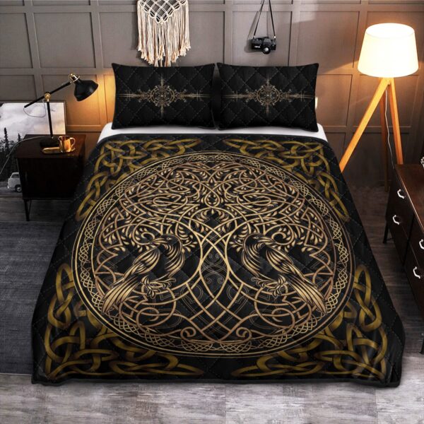 Raven Yggdrasil Quilt Bed Set, Viking Quilt Bedding Set Throw, Twin, Queen, King Size, Viking Quilt Bedding Set Blanket, Viking Quilt For Bedroom, Gifts for Viking Lover