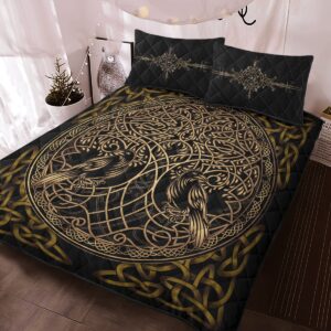 Raven Yggdrasil Quilt Bed Set, Viking Quilt Bedding Set Throw, Twin, Queen, King Size, Viking Quilt Bedding Set Blanket, Viking Quilt For Bedroom, Gifts for Viking Lover
