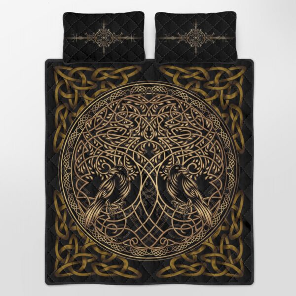 Raven Yggdrasil Quilt Bed Set, Viking Quilt Bedding Set Throw, Twin, Queen, King Size, Viking Quilt Bedding Set Blanket, Viking Quilt For Bedroom, Gifts for Viking Lover