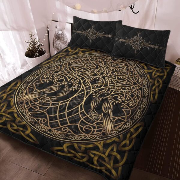 Raven Yggdrasil Viking Quilt Bedding Set BedSet Throw, Twin, Queen, King Size, Viking Quilt Bedding Set Blanket, Viking Quilt For Bedroom, Gifts for Viking Lover