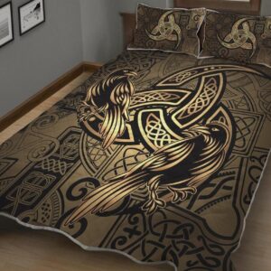 Raven with Horn Of Odin - Viking Quilt Set Throw, Twin, Queen, King Size, Viking Quilt Bedding Set Blanket, Viking Quilt For Bedroom, Gifts for Viking Lover