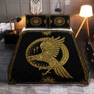 Ravens In Celtic Mythology And Runic Quilt Bed Set, Viking Quilt Bedding Set Throw, Twin, Queen, King Size, Viking Quilt Bedding Set Blanket, Viking Quilt For Bedroom, Gifts for Viking Lover