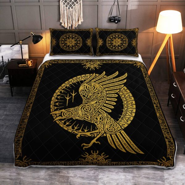 Ravens In Celtic Mythology And Runic Quilt Bed Set, Viking Quilt Bedding Set Throw, Twin, Queen, King Size, Viking Quilt Bedding Set Blanket, Viking Quilt For Bedroom, Gifts for Viking Lover