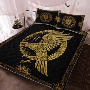 Ravens In Celtic Mythology And Runic Quilt Bed Set, Viking Quilt Bedding Set Throw, Twin, Queen, King Size, Viking Quilt Bedding Set Blanket, Viking Quilt For Bedroom, Gifts for Viking Lover