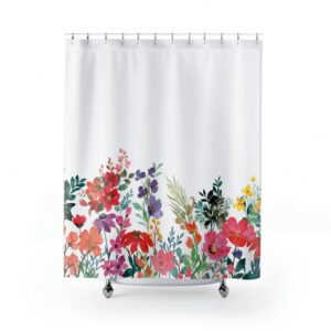 Red Botanical Wild Floral Shower Curtain, Wildflowers Shower Curtain, Floral Shower Curtain, Boho Shower Curtain
