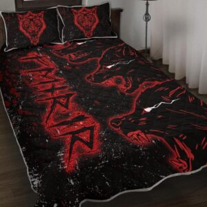 Red Fenrir Wolf Viking Quilt Set Throw, Twin, Queen, King Size, Viking Quilt Bedding Set Blanket, Viking Quilt For Bedroom, Gifts for Viking Lover