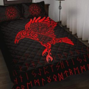 Red Raven Rune Viking On Black Quilt Bedset, Viking Quilt Bedding Set Blanket, Viking Quilt For Bedroom, Gifts for Viking Lover