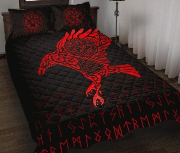 Red Raven Rune Viking On Black Quilt Bedset, Viking Quilt Bedding Set Blanket, Viking Quilt For Bedroom, Gifts for Viking Lover