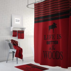 Red Shower Curtain, Moose Shower Curtain, Rustic Woodland, Buffalo Plaid Bathroom Decor