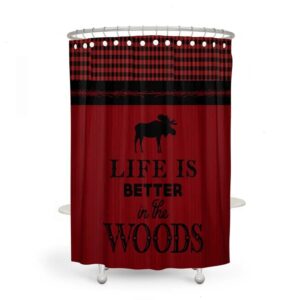 Red Shower Curtain, Moose Shower Curtain, Rustic Woodland, Buffalo Plaid Bathroom Decor
