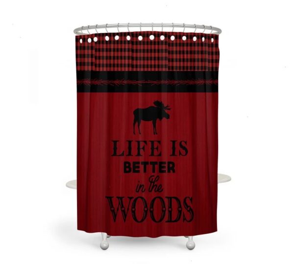 Red Shower Curtain, Moose Shower Curtain, Rustic Woodland, Buffalo Plaid Bathroom Decor