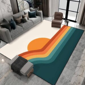 Retro 70s Sunset Area Rugs, Abstract Rainbow Stripe Wave Background Living Room Decor Rug for Hotel Home Decor Doormat Entrance