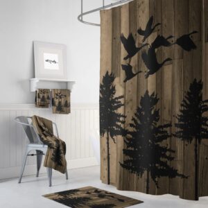 Rustic, Bathroom Decor, Shower Curtain, Towels, Bath Mat, Window Curtains, Pine Tree, and Geese