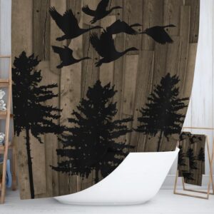 Rustic, Bathroom Decor, Shower Curtain, Towels, Bath Mat, Window Curtains, Pine Tree, and Geese