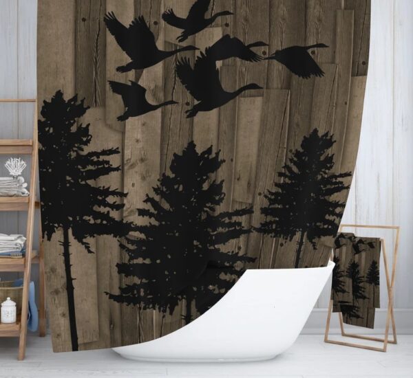 Rustic, Bathroom Decor, Shower Curtain, Towels, Bath Mat, Window Curtains, Pine Tree, and Geese