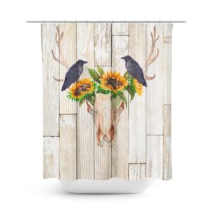 Rustic Shower Curtain, Antlers, Sunflowers Crow, Rustic Wood, Optional Bath, Bath Towels Mat Bathroom Set