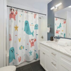 Sea Animals Theme Shower Curtain, Ocean Theme Shower Curtain, Coastal Bathroom, Fish Shower Curtain, Bathroom Decor
