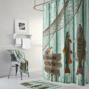 Shower Curtain Fishing Grunge Primitive Weathered Wood Lake House Cabin Rustic Lodge, Optional Bath Mat, Bath Towels