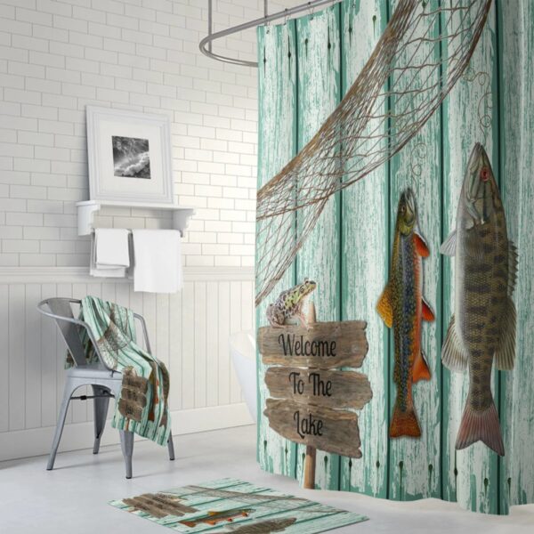 Shower Curtain Fishing Grunge Primitive Weathered Wood Lake House Cabin Rustic Lodge, Optional Bath Mat, Bath Towels