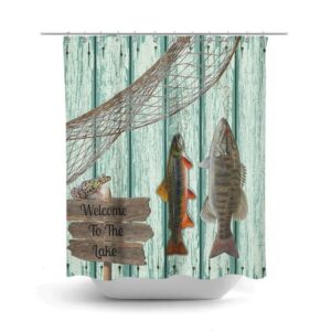 Shower Curtain Fishing Grunge Primitive Weathered Wood Lake House Cabin Rustic Lodge, Optional Bath Mat, Bath Towels