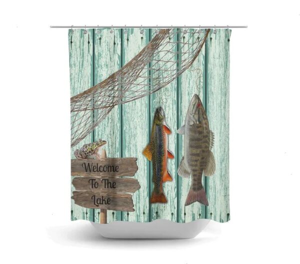 Shower Curtain Fishing Grunge Primitive Weathered Wood Lake House Cabin Rustic Lodge, Optional Bath Mat, Bath Towels