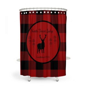 Shower Curtain, Lumberjack Plaid, Woodland, Custom Personalized, Deer, Lodge Decor Bath Mat, Towels