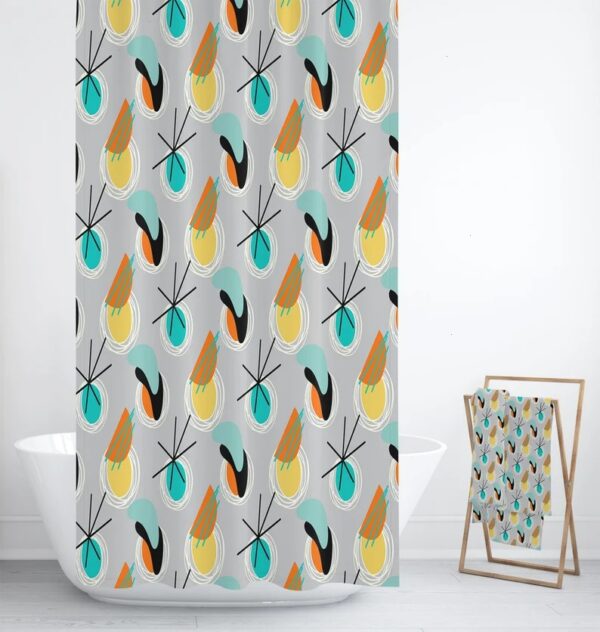 Shower Curtain, Mid Century Modern Shower Curtain, Bath Towels, Bath Mat, Bathroom Sets, Atomic Gray