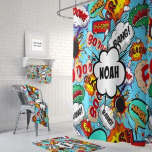 Shower Curtain, Personalized Comic Book, Sound Effects, Shower Curtains, Bath Mat, Bath Towels Bathroom Set