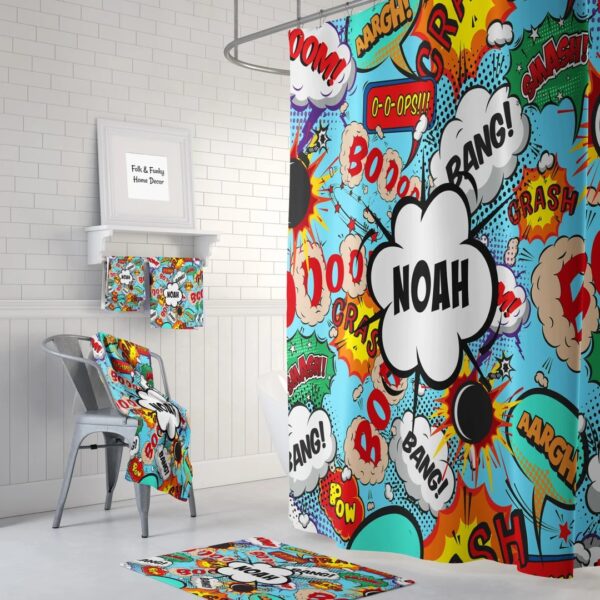 Shower Curtain, Personalized Comic Book, Sound Effects, Shower Curtains, Bath Mat, Bath Towels Bathroom Set