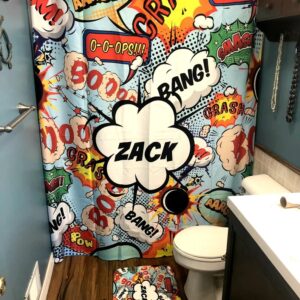 Shower Curtain, Personalized Comic Book, Sound Effects, Shower Curtains, Bath Mat, Bath Towels Bathroom Set