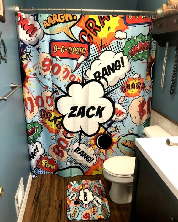 Shower Curtain, Personalized Comic Book, Sound Effects, Shower Curtains, Bath Mat, Bath Towels Bathroom Set