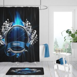 Shower Curtain, Personalized Custom, Race Car Theme, Black and Blue, Checkered Flag, Bath Mat, Bath Towels
