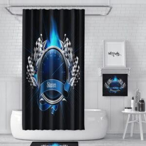 Shower Curtain, Personalized Custom, Race Car Theme, Black and Blue, Checkered Flag, Bath Mat, Bath Towels