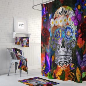 Shower Curtain Sugar Skull Butterflies, Mosaic, Day Of The Dead, Bath Towels, Bath Mat