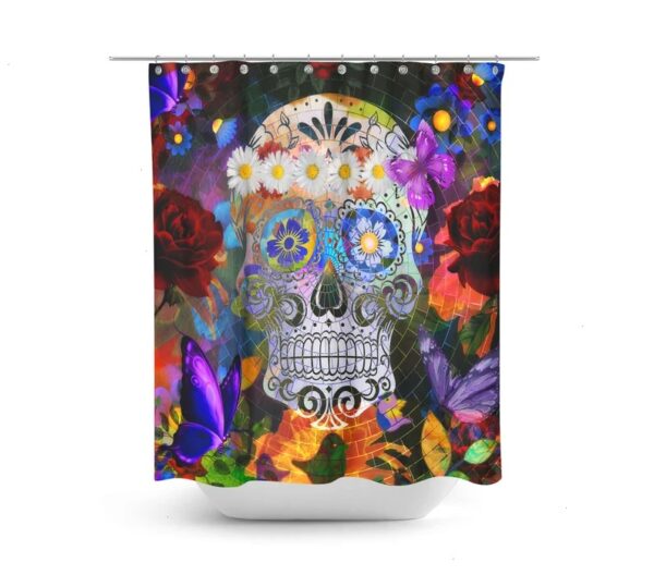 Shower Curtain Sugar Skull Butterflies, Mosaic, Day Of The Dead, Bath Towels, Bath Mat