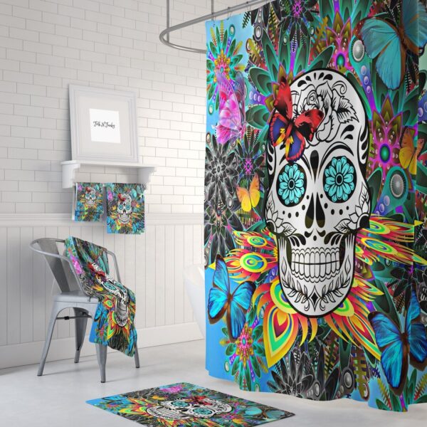 Shower Curtain, Sugar Skull, Skull Day Of The Dead, Bath Mat, Towels, Colorful Tropical