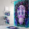 Shower Curtain, Sugar Skull, Skull Day Of The Dead, Bath Mat, Towels, Frosted Teal, Purple, Butterflies