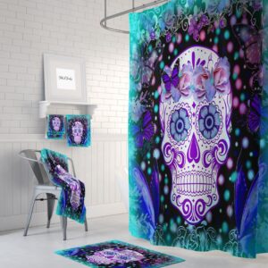 Shower Curtain, Sugar Skull, Skull Day Of The Dead, Bath Mat, Towels, Frosted Teal, Purple, Butterflies