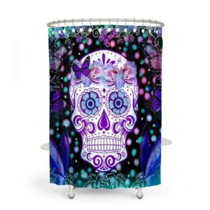 Shower Curtain, Sugar Skull, Skull Day Of The Dead, Bath Mat, Towels, Frosted Teal, Purple, Butterflies