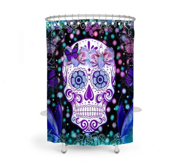 Shower Curtain, Sugar Skull, Skull Day Of The Dead, Bath Mat, Towels, Frosted Teal, Purple, Butterflies