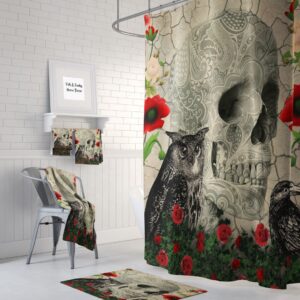 Skull Shower Curtain, Day Of The Dead, Gothic, Crow, Owl, Rose, Bath Mat, Bath Towels