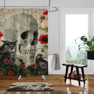 Skull Shower Curtain, Day Of The Dead, Gothic, Crow, Owl, Rose, Bath Mat, Bath Towels