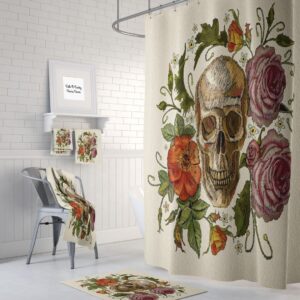 Skull Shower Curtain, Sugar Skulls, Day Of The Dead, Bath Mat, Towels, Poppies and Roses
