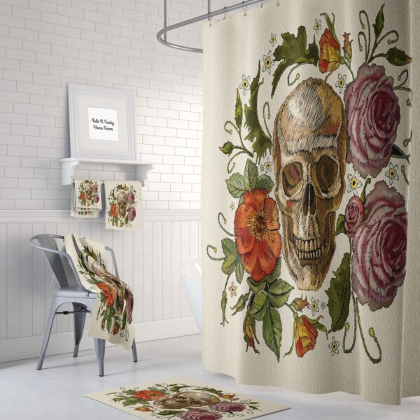 Skull Shower Curtain, Sugar Skulls, Day Of The Dead, Bath Mat, Towels, Poppies and Roses